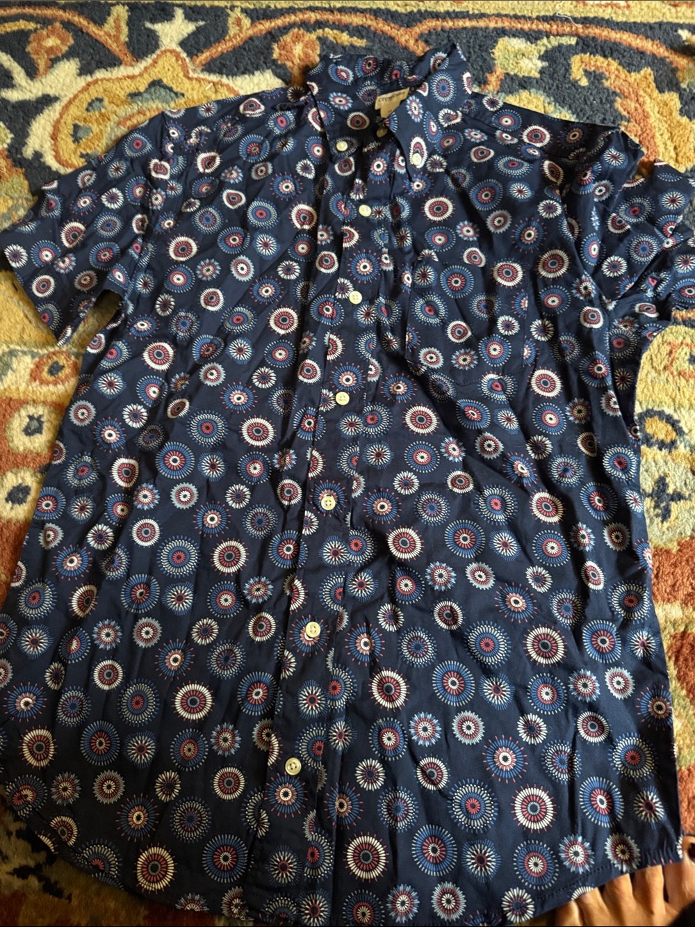 J crew boys Navy Button-Up Shirt with Circular Medallion Print in red and white